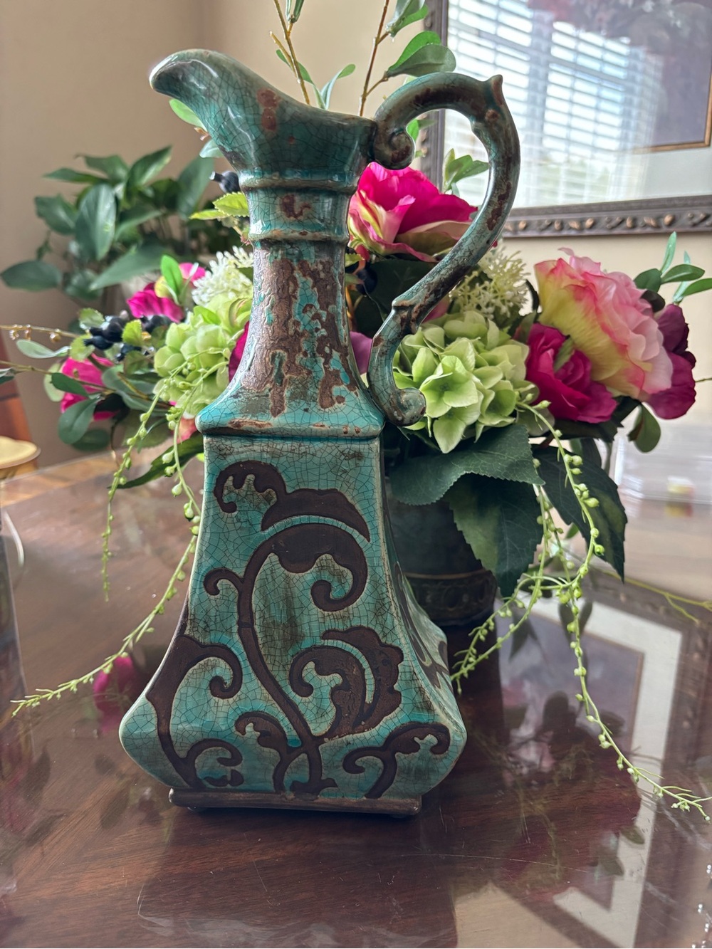 Turquoise Crackle Pitcher Vase with Scrollwork Accent